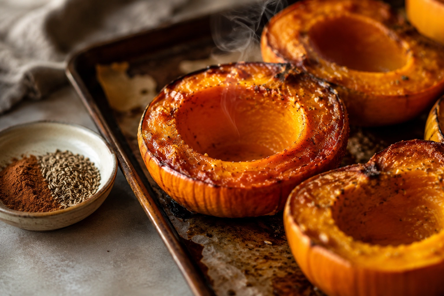 Fresh pumpkin, spices, broth, and ingredients arranged for pumpkin soup